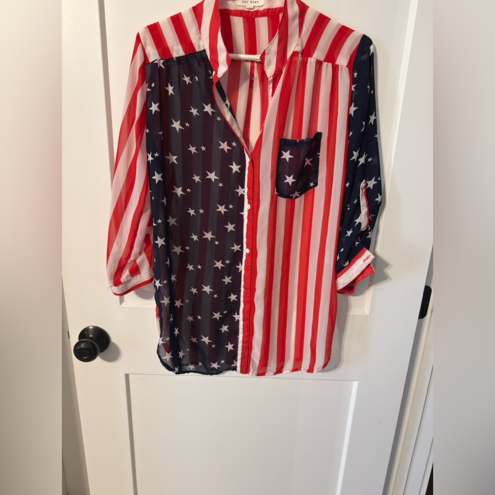 Red and Blue Star Striped Button-Up Shirt